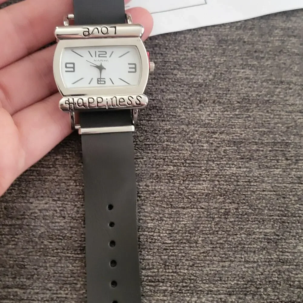 Vintage Narmi 5582 Womens Watch White Dial Love Happiness Black Strap Quartz
